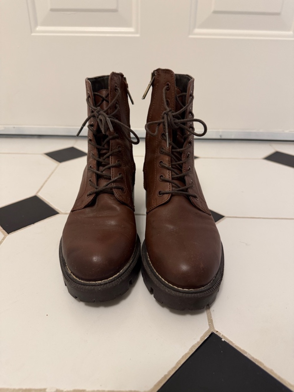 Sam Edelman Women’s Brown Garret Toe Block Heel Leather Combat Boots 5.5